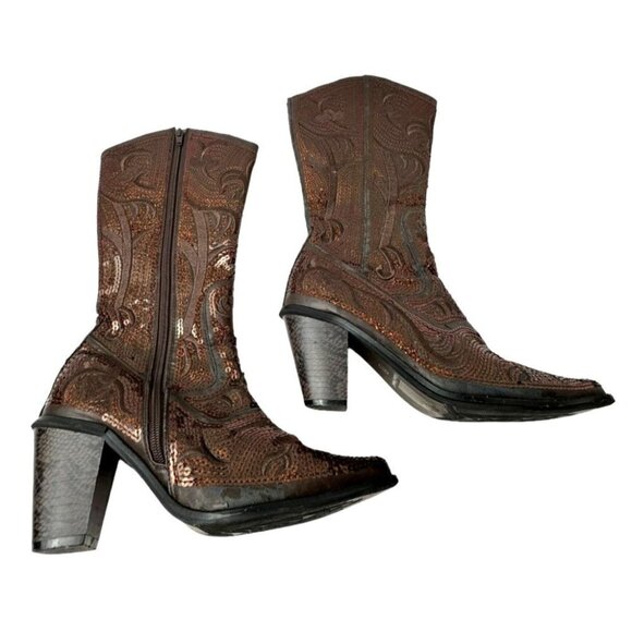 Helens‎ Heart Boots Women 7 Brown Sequins Pointed Toe Zip Up Heeled Boots - Picture 1 of 13